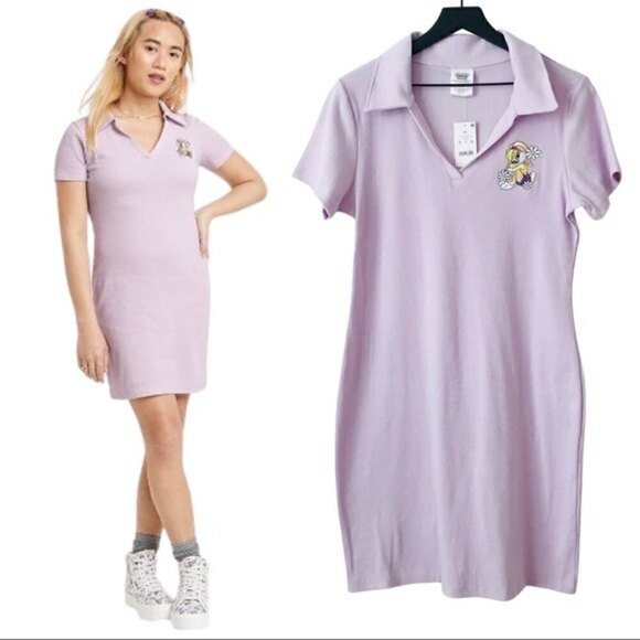 New! Looney Tunes Polo Preppy Sporty Ribbed Knit Lavender Bodycon Mini Dress - Picture 1 of 8